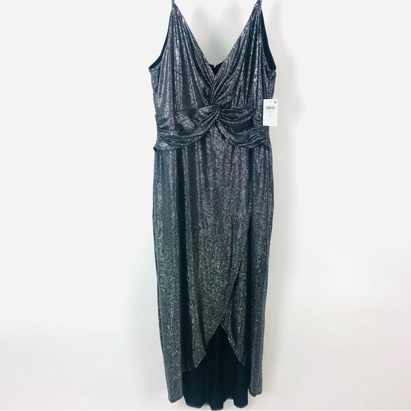 NWT Bar III Silver Metallic Faux Wrap Dress Flowy V-Neck Cocktail Party Dress - Picture 9 of 14